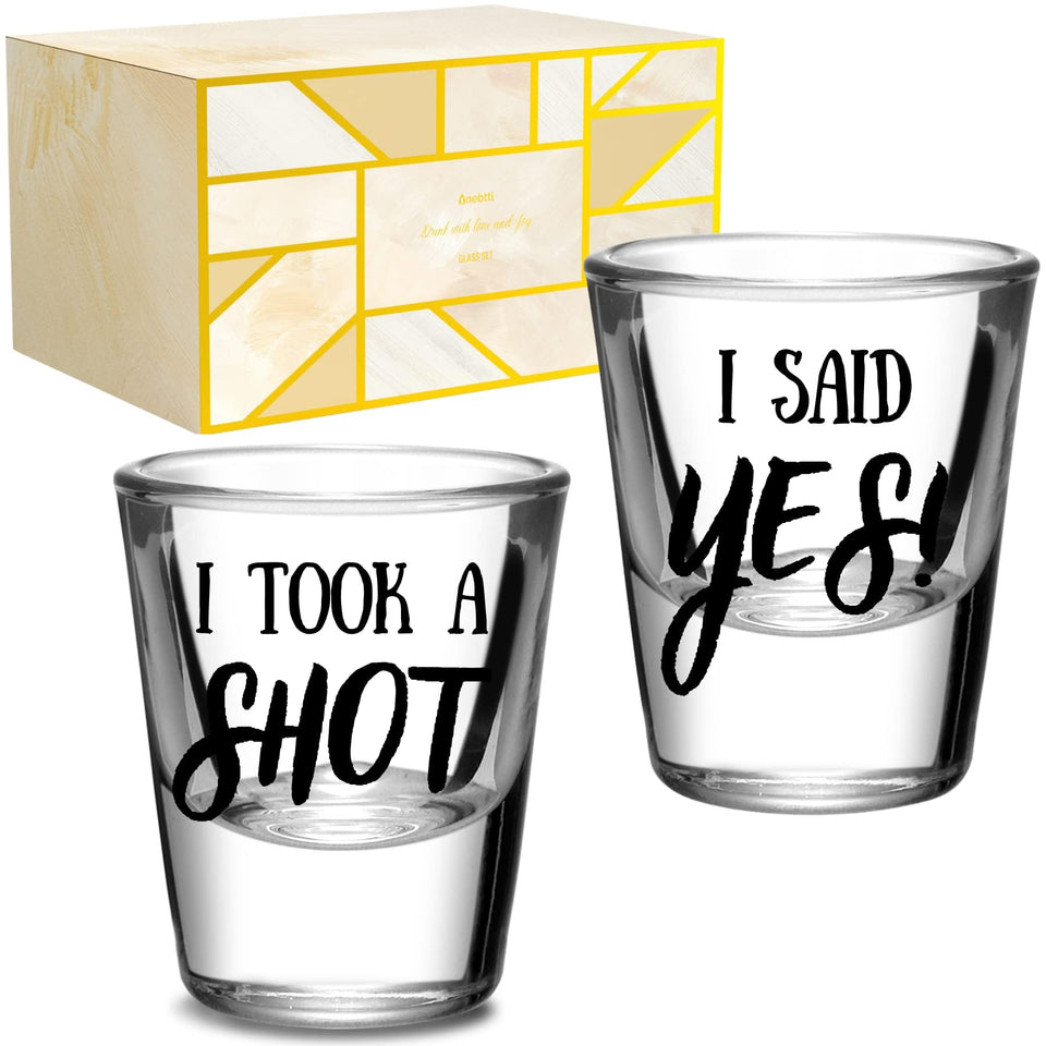 Onebttl engagement shot glass 1.5 oz for toasts at engagements and parties.