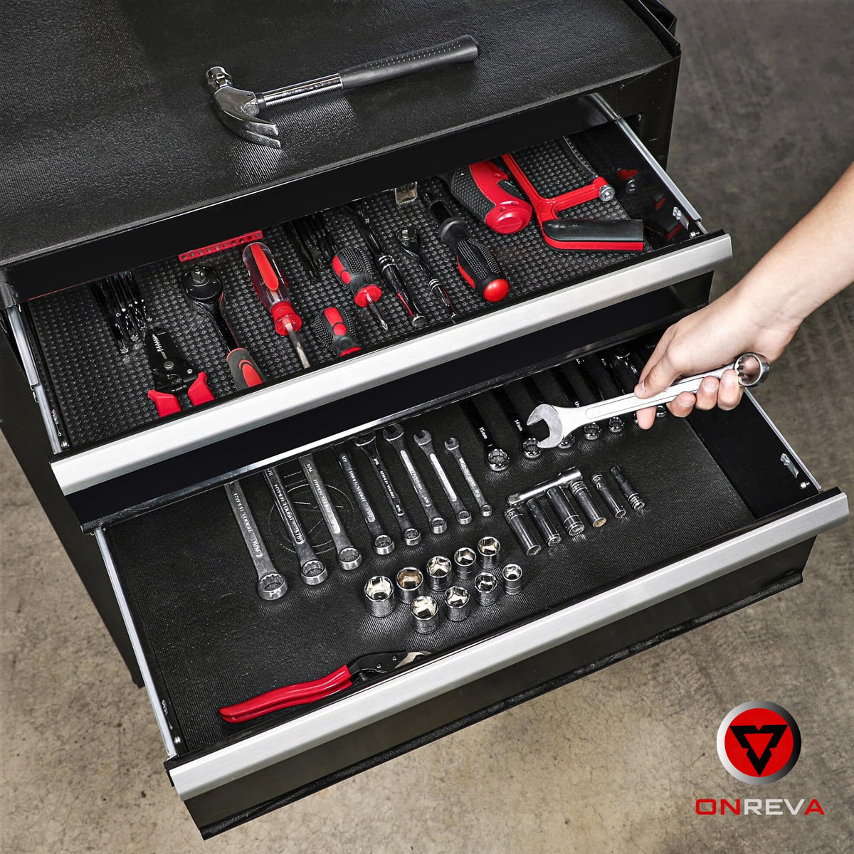 Onreva toolbox liner—black finish complements any workspace.