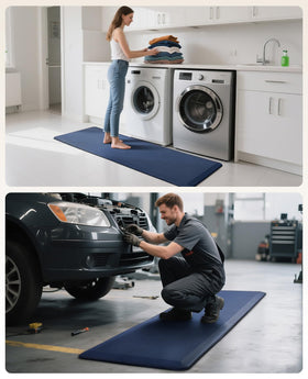 Ophanie blue mat with non-slip bottom blends with modern kitchens.