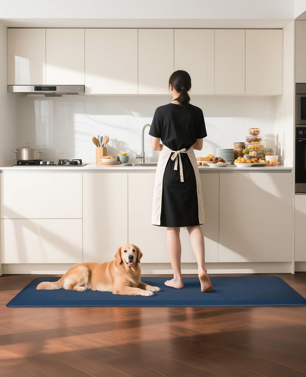 Ophanie Kitchen Mat blue textured surface improves grip and style while cooking.