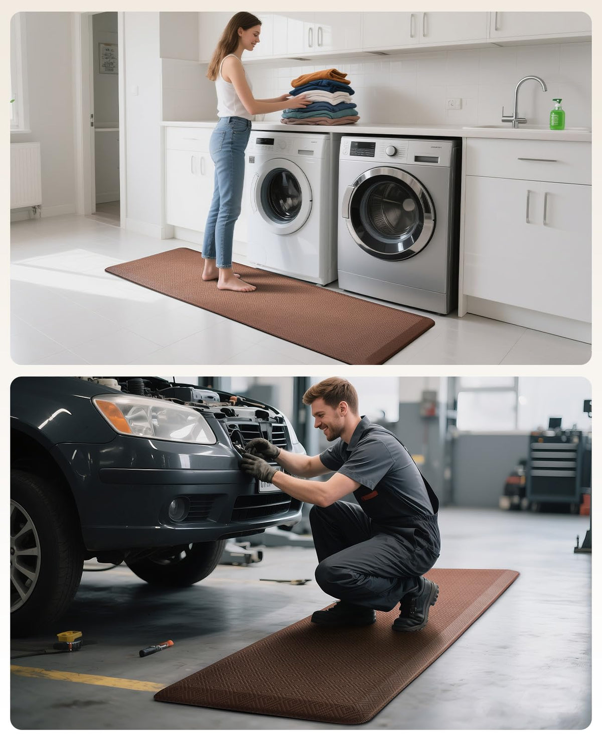 Ophanie Kitchen Mat brown tone complements modern kitchens with reliable non-slip bottom.