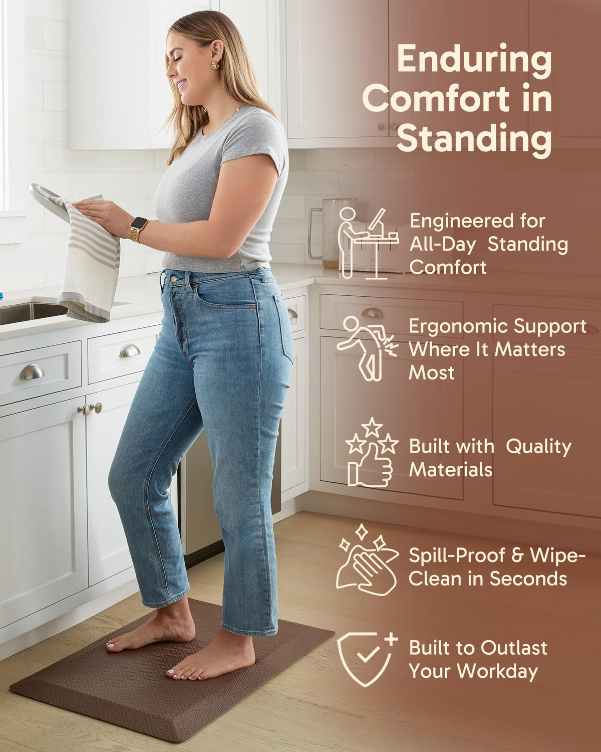 Ophanie foam close-up highlighting durable core for standing comfort.