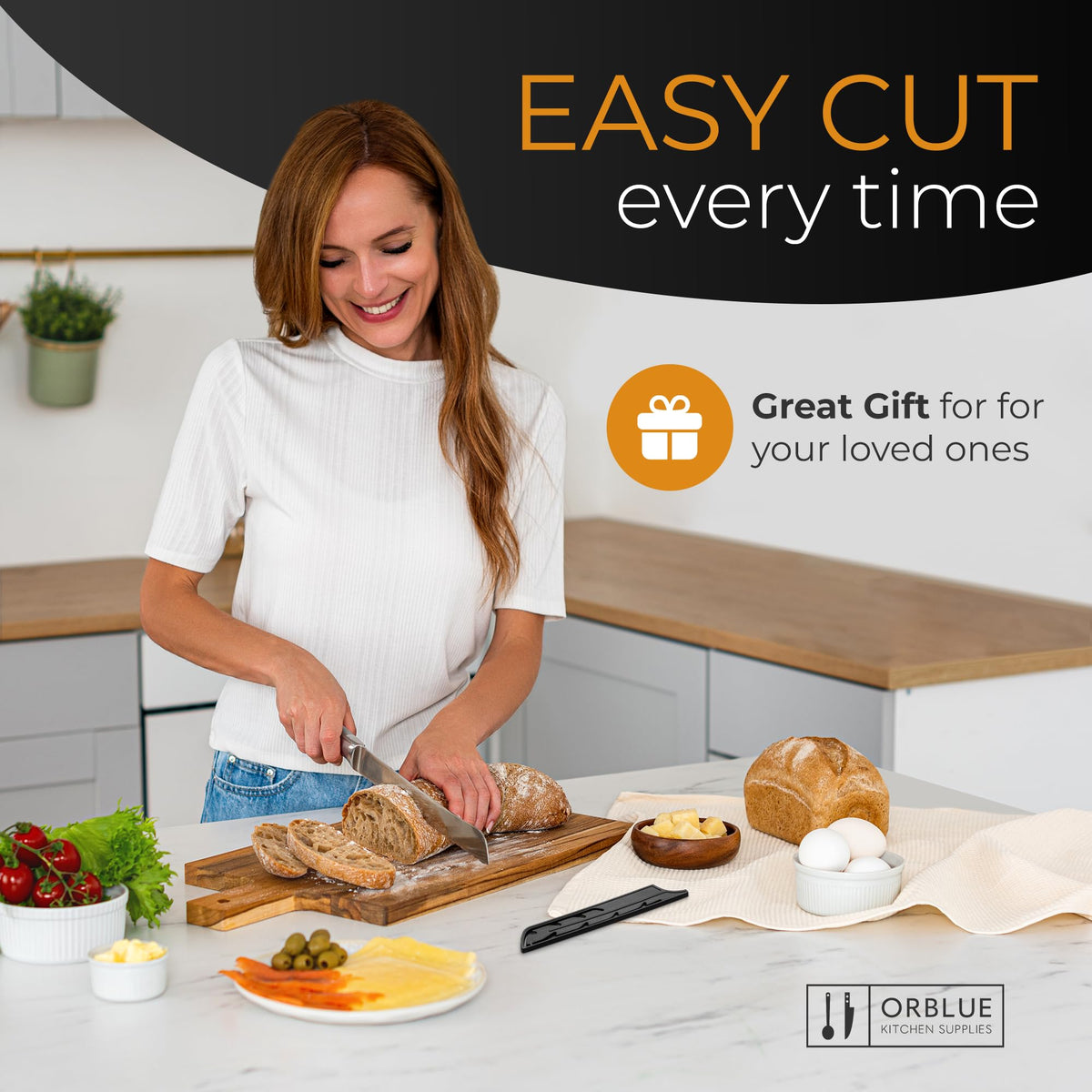 Orblue bread knife used to slice fresh bagels with clean edges