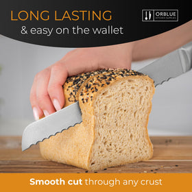 Orblue serrated bread knife with ergonomic handle for comfortable, controlled cutting.