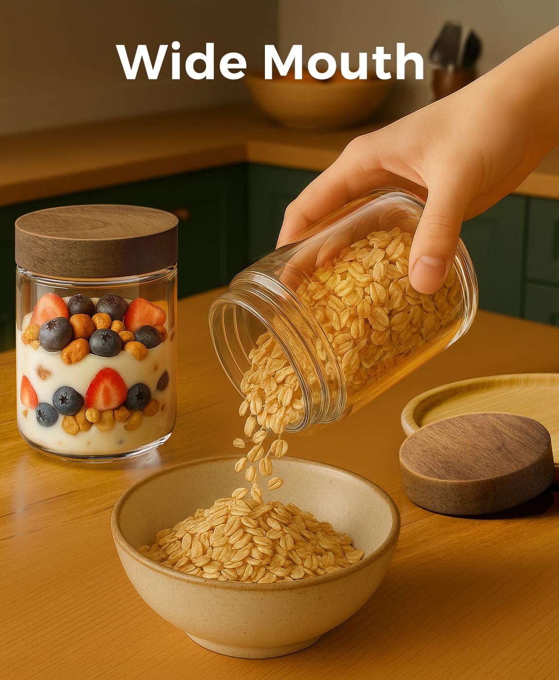 Osfel jars used for yogurt, chia pudding, and salads in a stylish kitchen