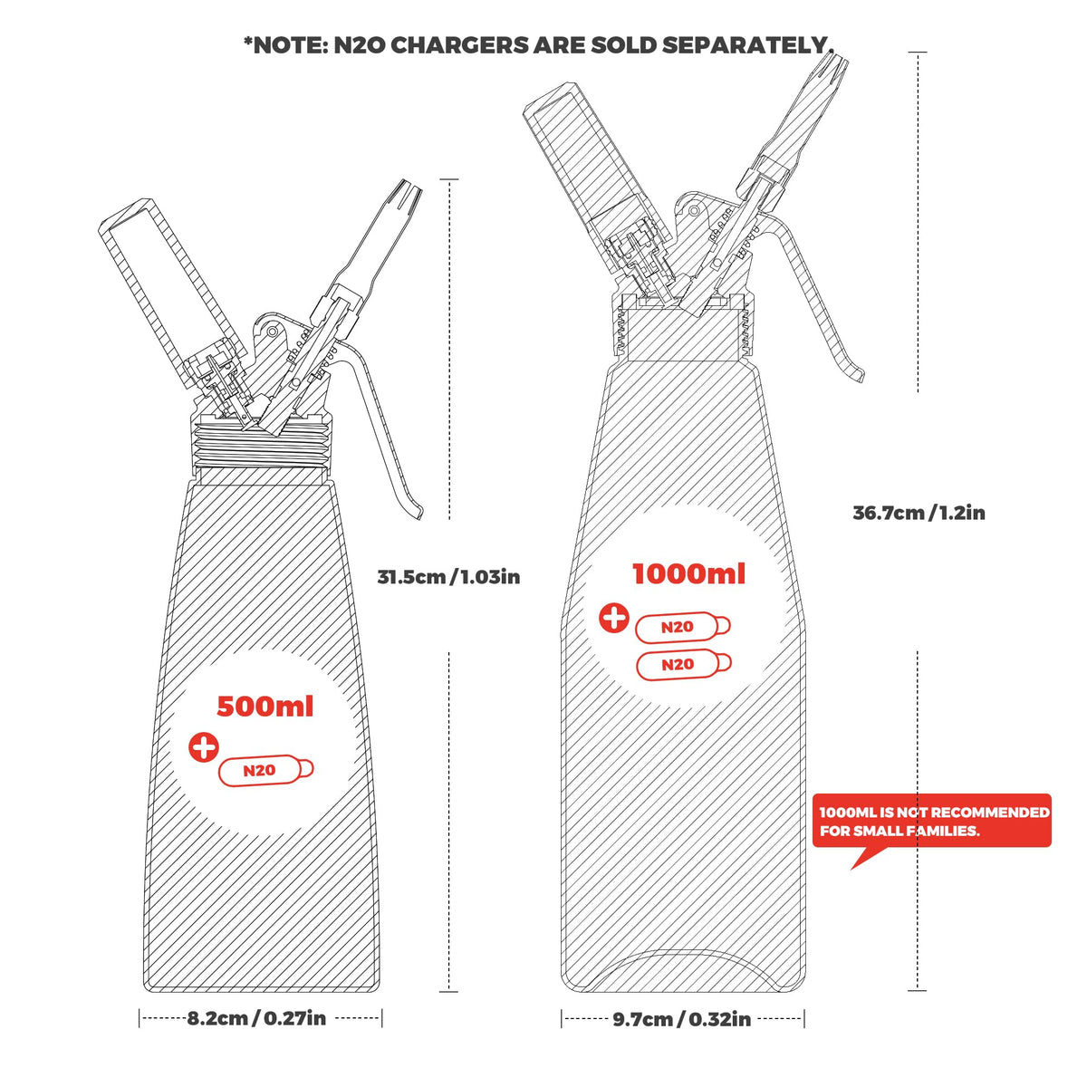 OSJ COOK whipped cream dispenser side view showing compact, easy-to-hold profile for efficient kitchen use