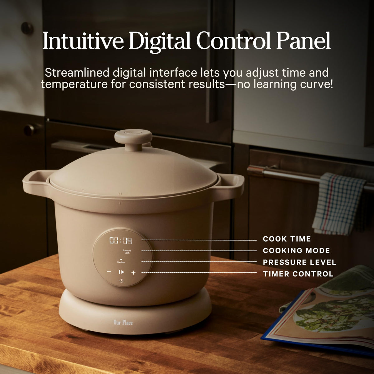 Our Place Dream Cooker ceramic nonstick interior supports browning and easy cleaning.