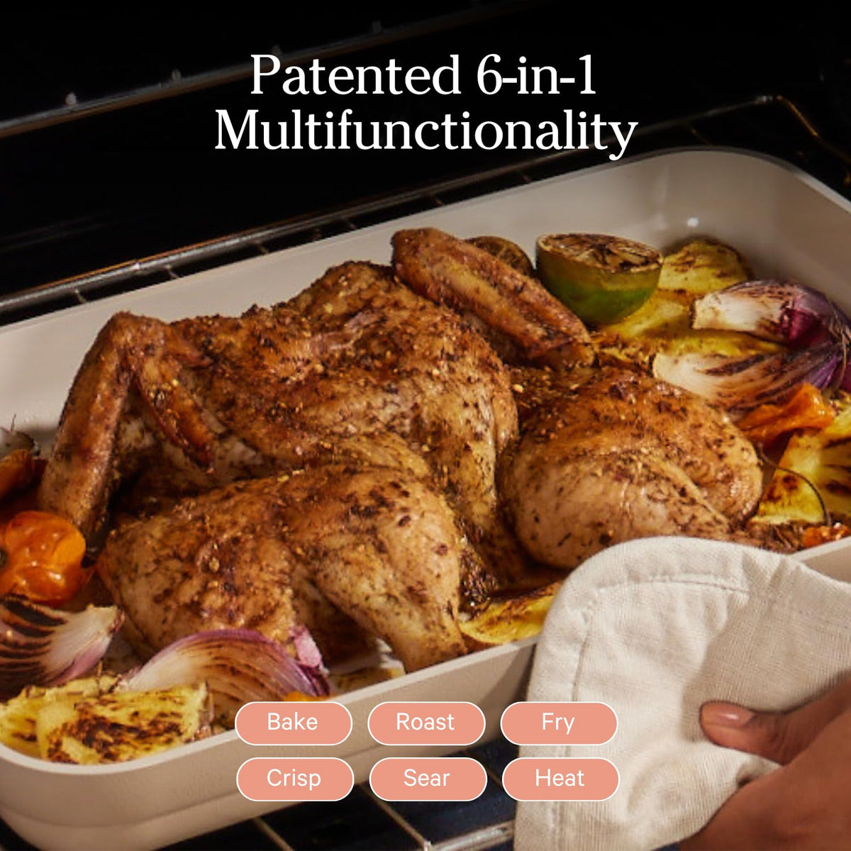 Our Place Griddle Pan in oven, safe up to 450°F for roasting and baking