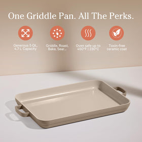 Our Place Griddle Pan on stovetop, perfect for sautéing vegetables and pancakes