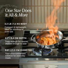 Our Place Titanium Always Pan Pro spatula rest keeps counters clean.