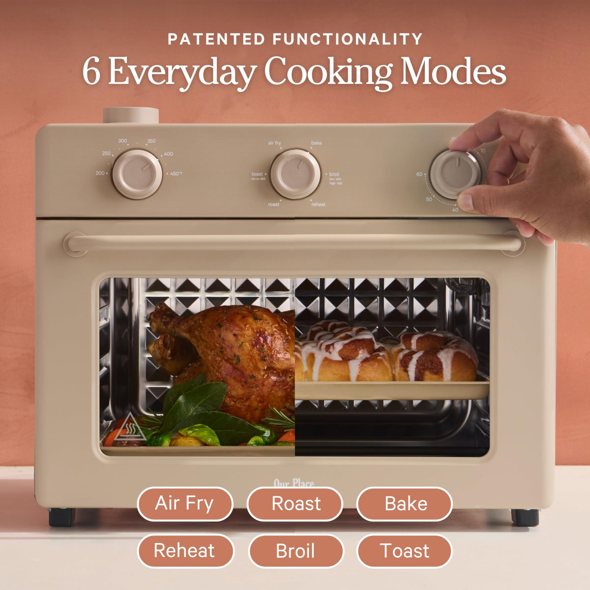 Steam infusion feature on Our Place Large Wonder Oven enhancing moisture in foods.