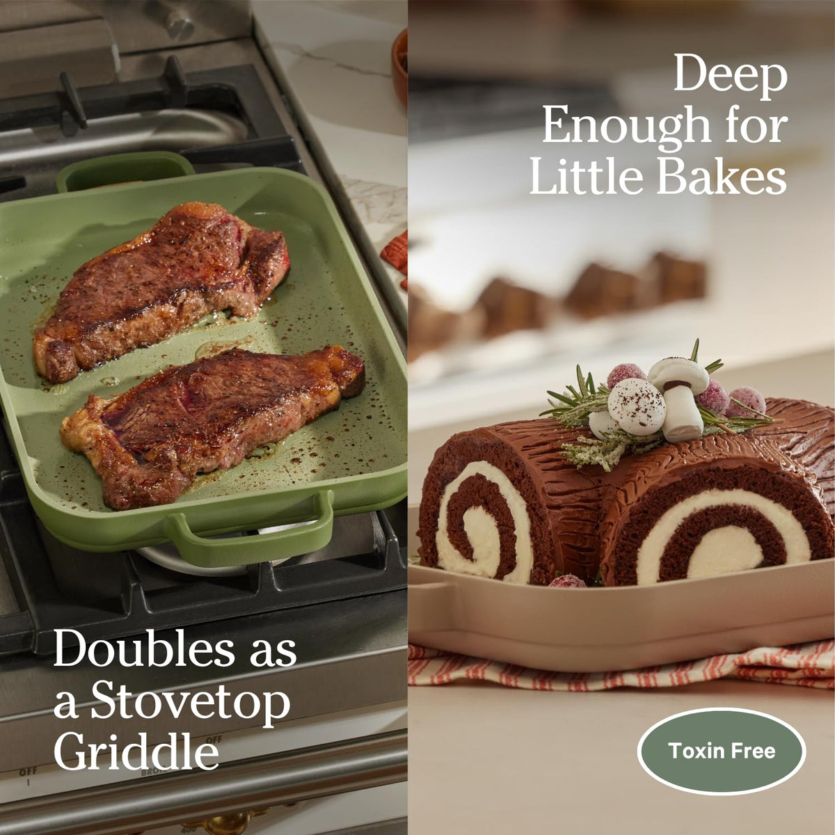 Our Place mini griddle pan with easy-grip handles for secure control.