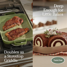 Our Place mini griddle pan with easy-grip handles for secure control.