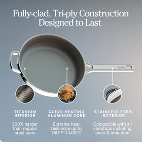Our Place Pan Pro features a 360-degree pour rim for smooth, drip-free pouring.