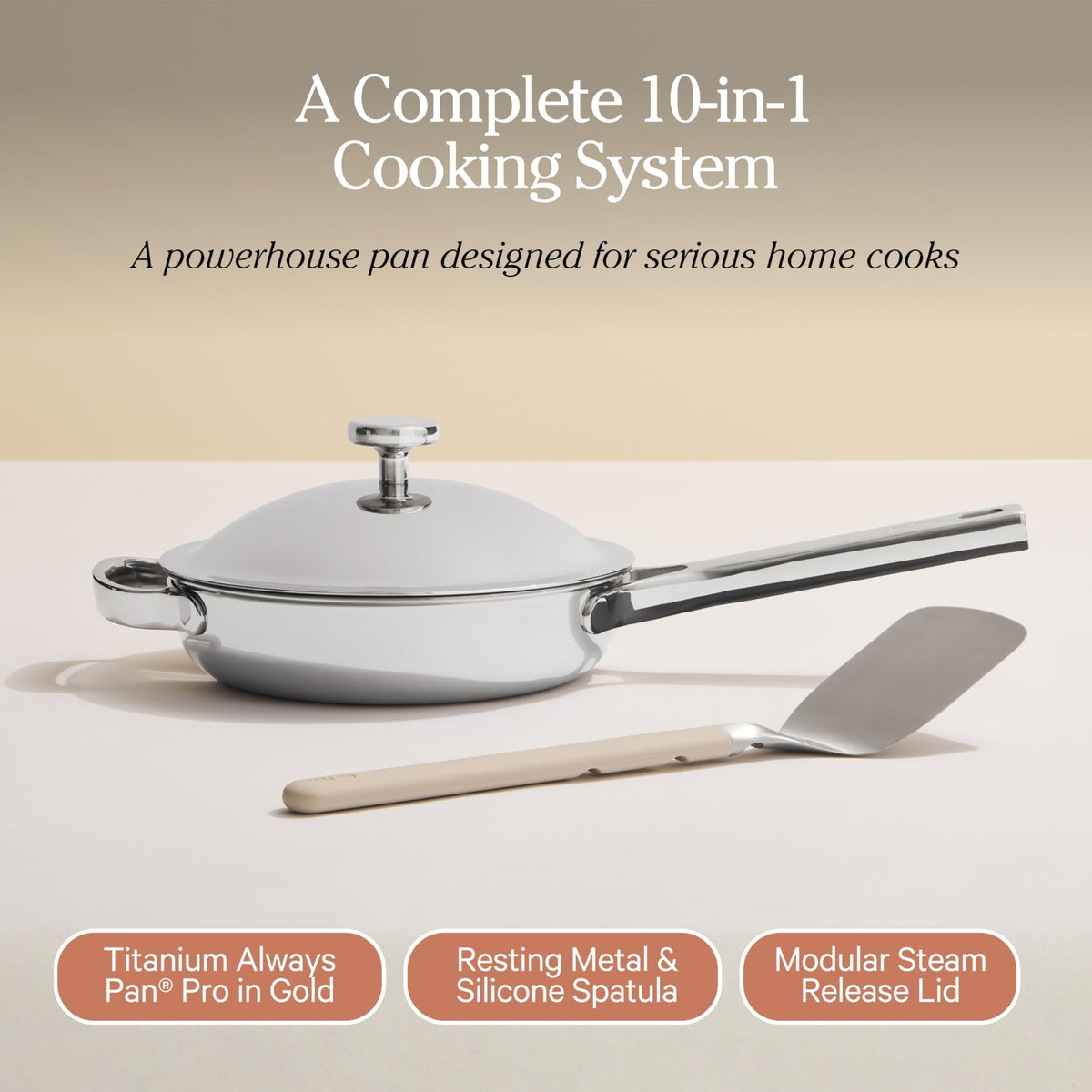 Our Place Mini Titanium Always Pan Pro lid and handle design—cooler touch for safer cooking