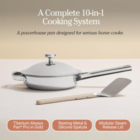 Our Place Mini Titanium Always Pan Pro lid and handle design—cooler touch for safer cooking