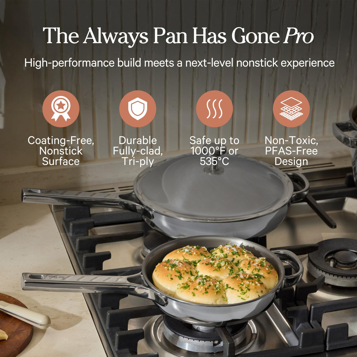 Our Place Mini Titanium Always Pan Pro spatula-in-use with interchangeable utensils for easier cooking