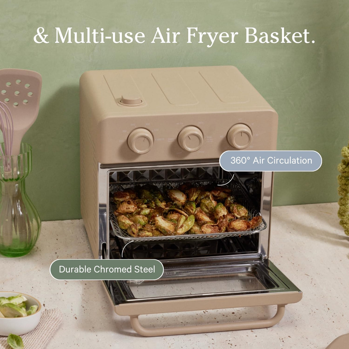 Our Place Wonder Oven open-mesh basket delivers 360° airflow for browning.