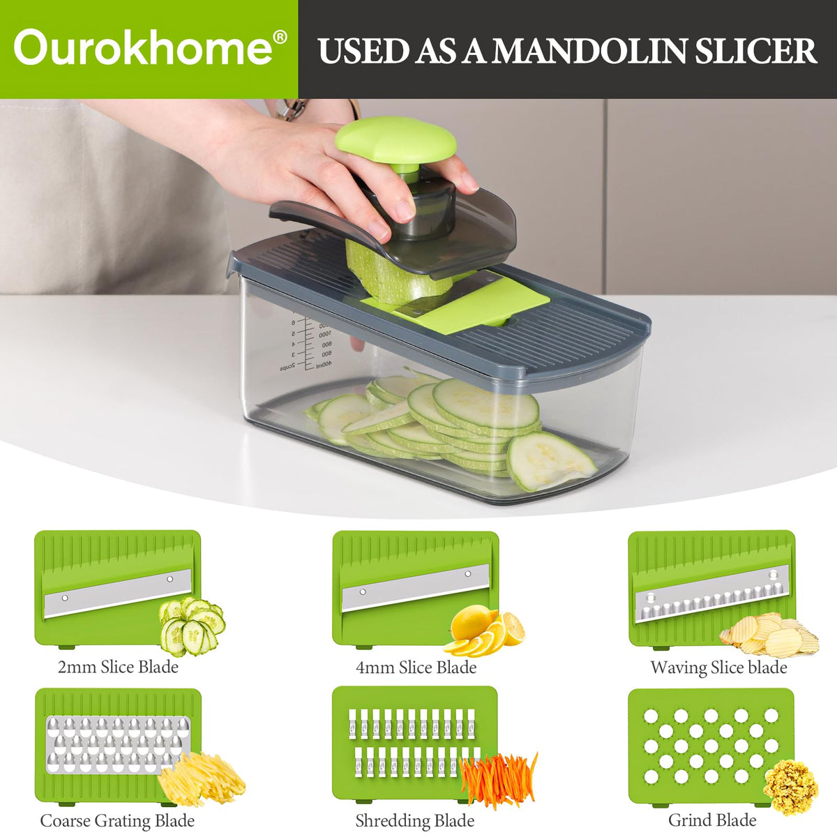 Ourokhome mandolin slicer adjustable blade yields even cuts.