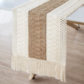 OurWarm splicing burlap table runner fringe closeup for boho dining ambiance