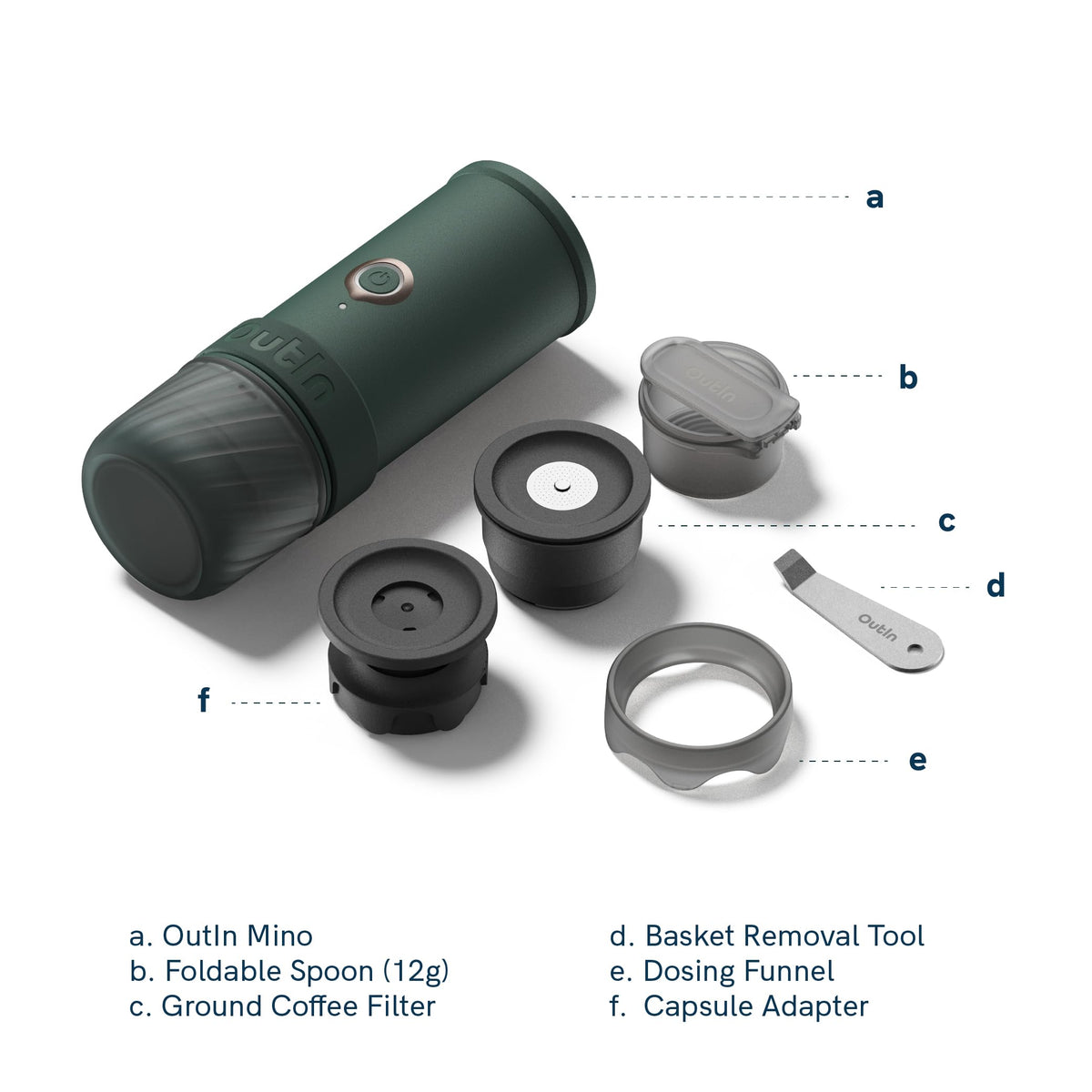 OutIn Mino pocket-size coffee maker tucked into a backpack for travel convenience.