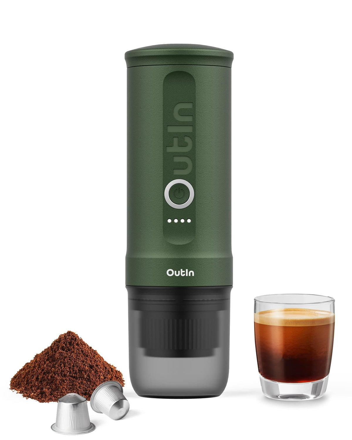 OutIn Nano portable-espresso-machine assembled for travel convenience.