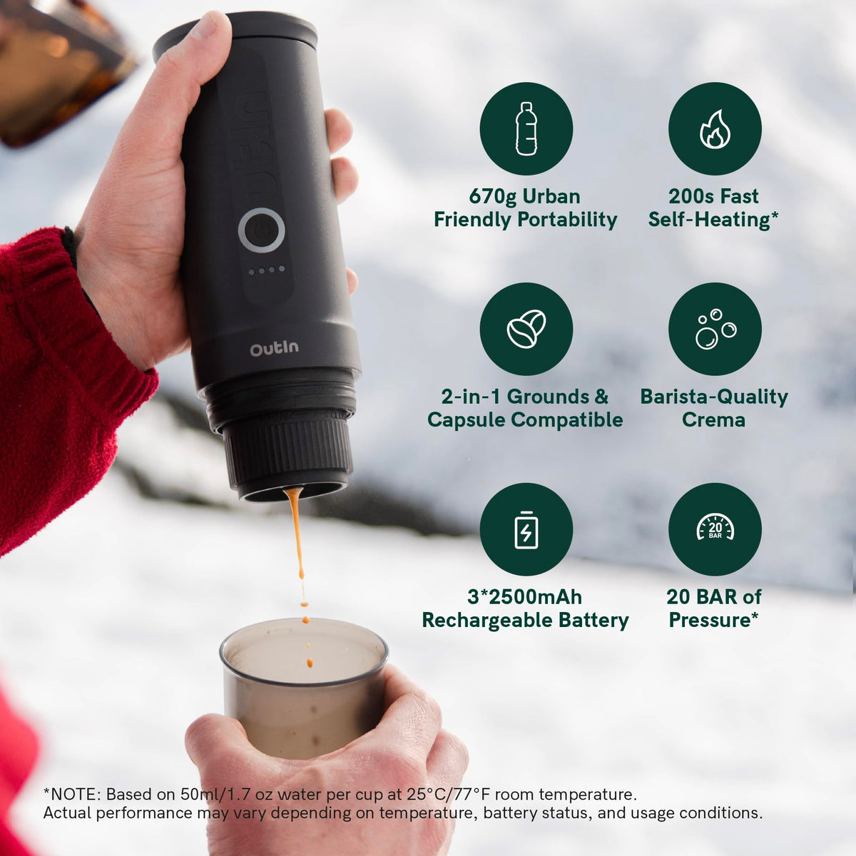 OutIn Nano stainless-steel-body highlights durable travel espresso maker.