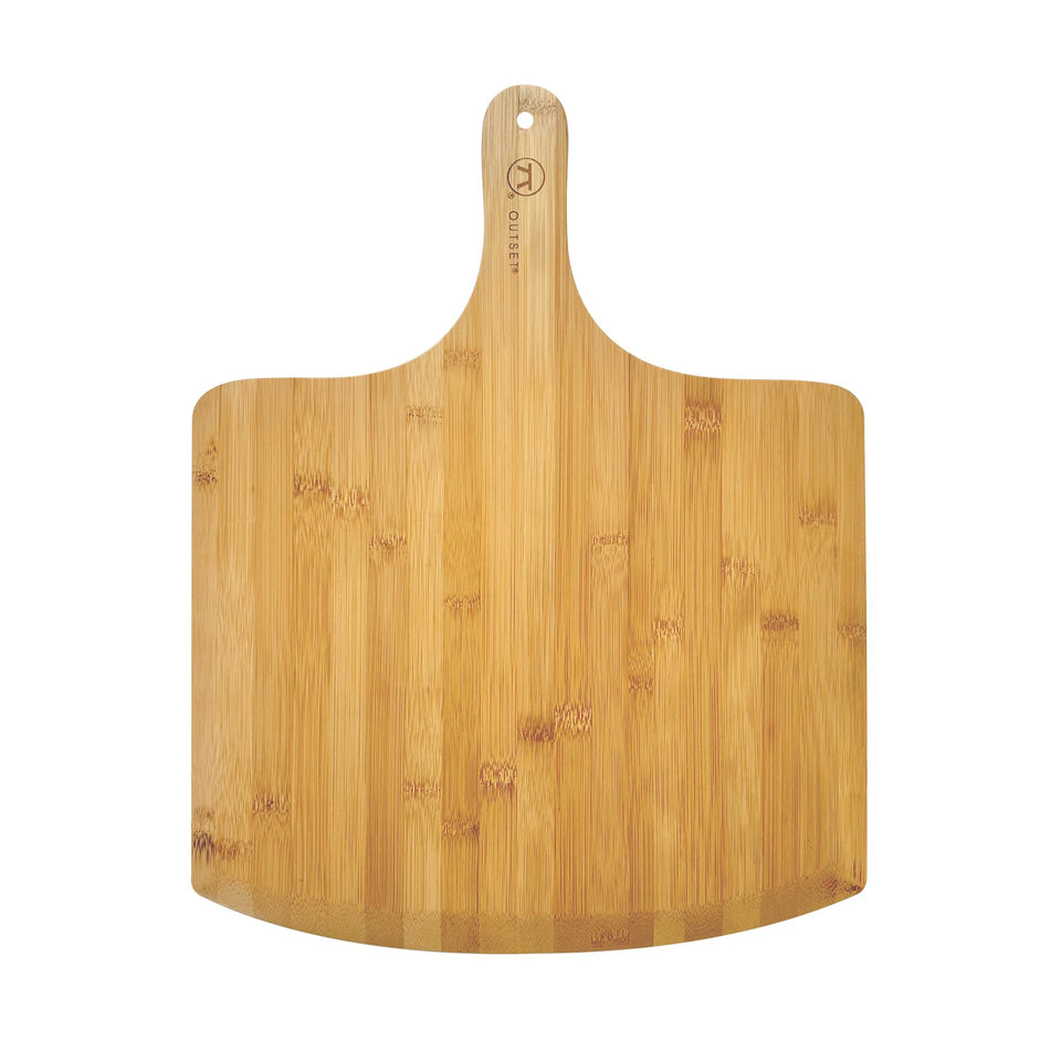 Outset pizza peel extra-large bamboo paddle for easy pizza transfer.