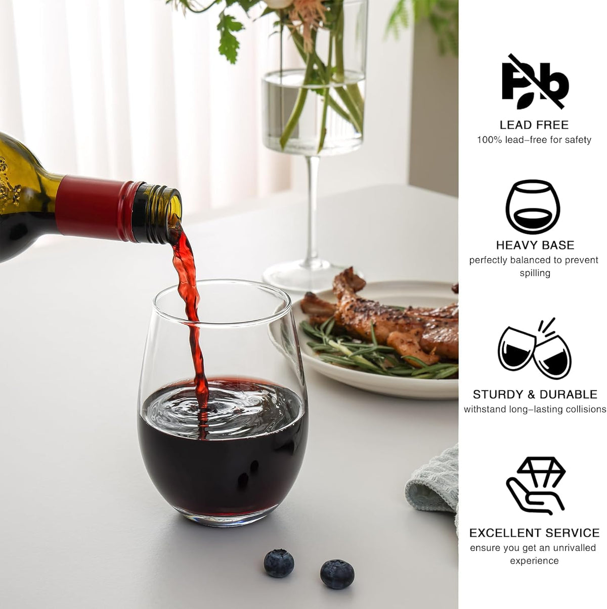 OUWO 18oz capacity stemless glasses ideal for generous wine pours.