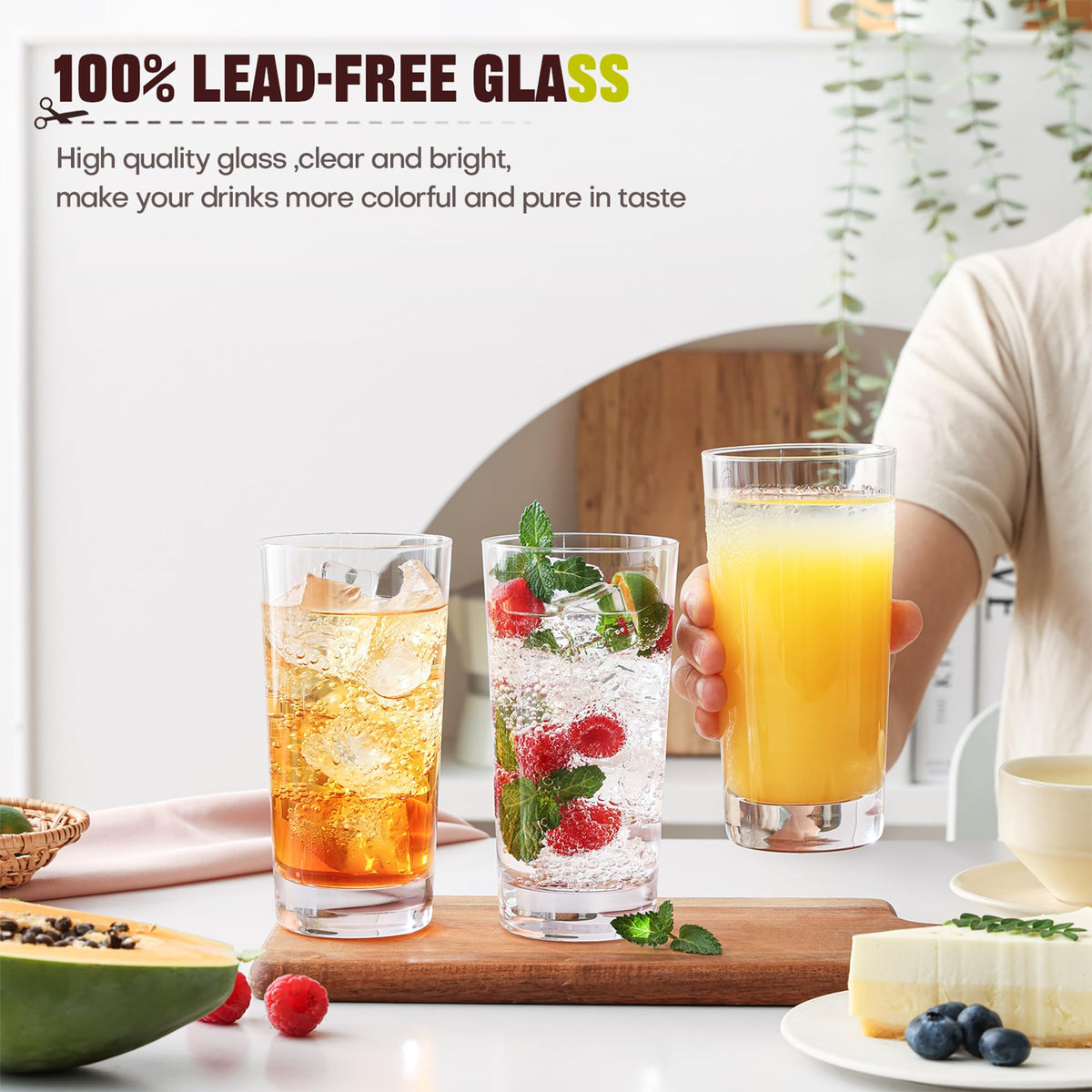 OUWO highball glasses side view, ergonomic height for tall drinks