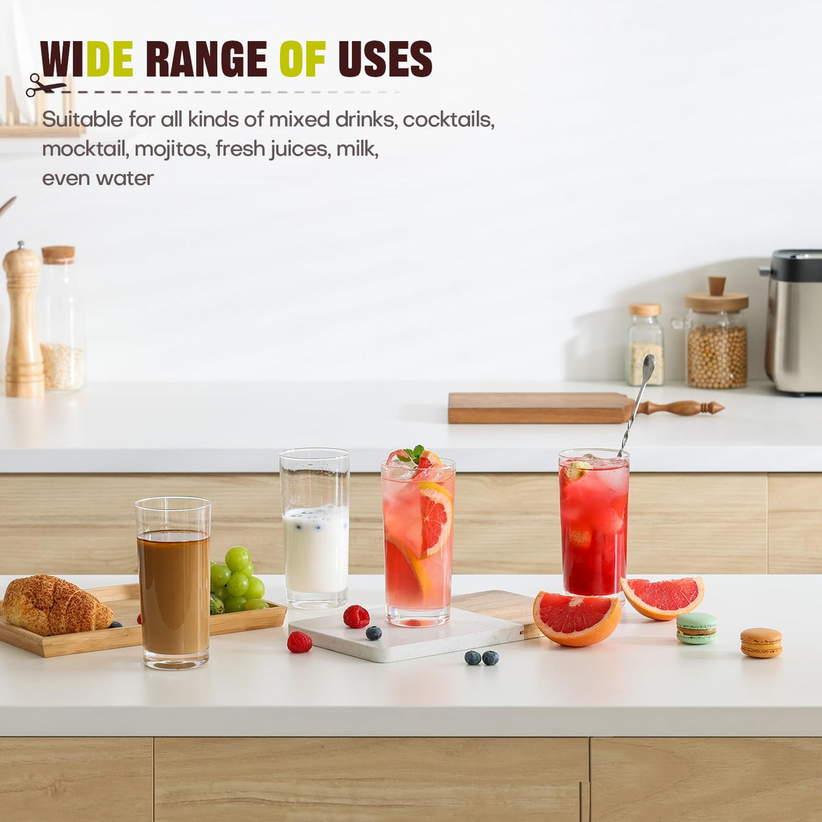 OUWO highball glasses dining table setup suggests refined presentation.