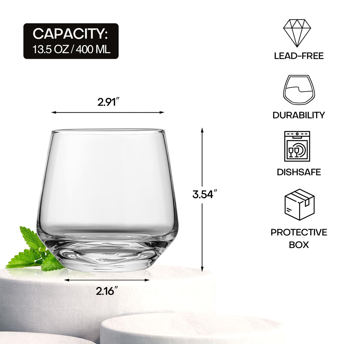 OUWO stemless wine glasses thick base for table stability.
