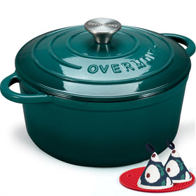 Overmont bottle-green Dutch oven front view, durable enamel for versatile cooking.