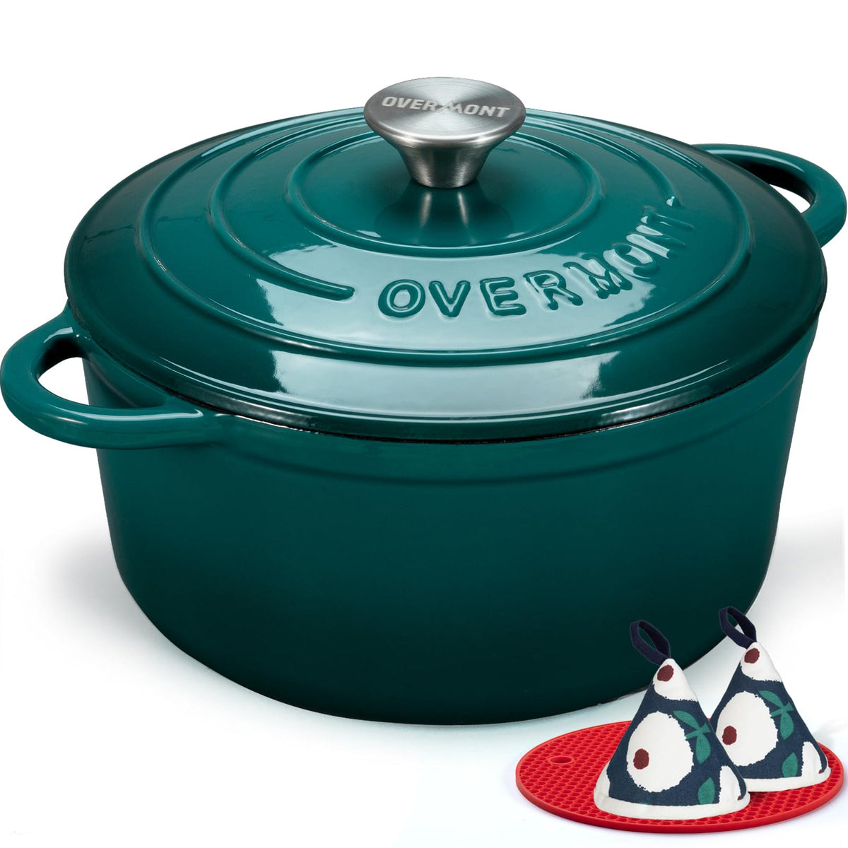 Overmont Dutch Oven bottle-green finish with 4.5qt capacity for even heat and versatility