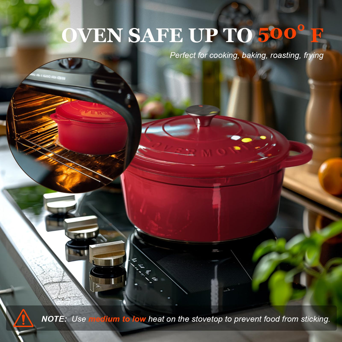 Overmont dutch oven is oven safe up to 500°F for browning and roasting.