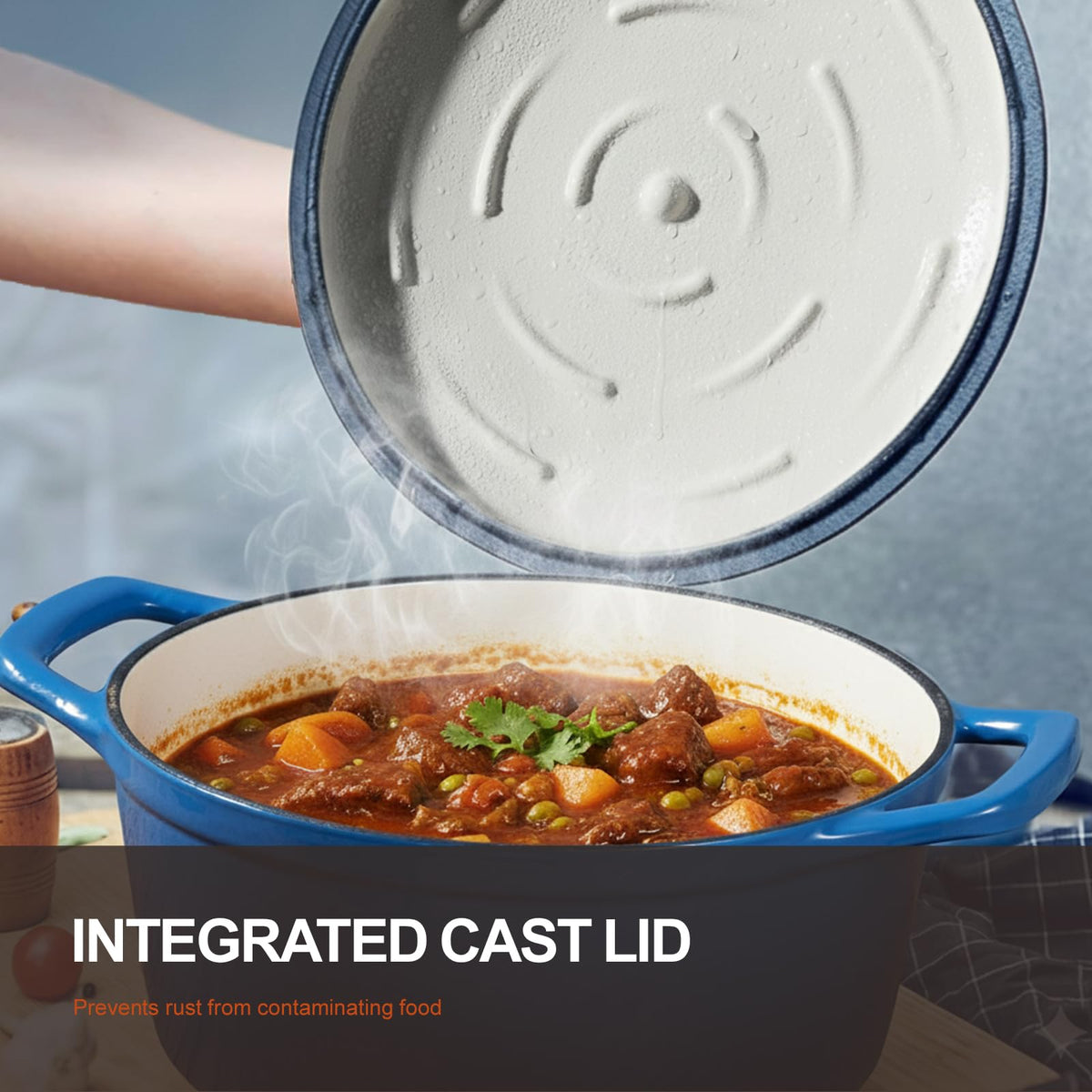 Overmont Dutch Oven side view highlights durable, everyday cooking performance.