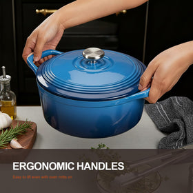 Overmont Dutch oven with wide loop handles for easy lifting, even in oven mitts.