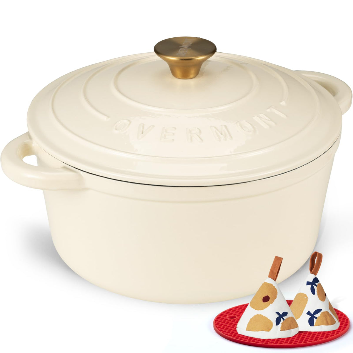 Overmont enameled cast iron dutch oven in cream white, 4.5qt, even heat distribution