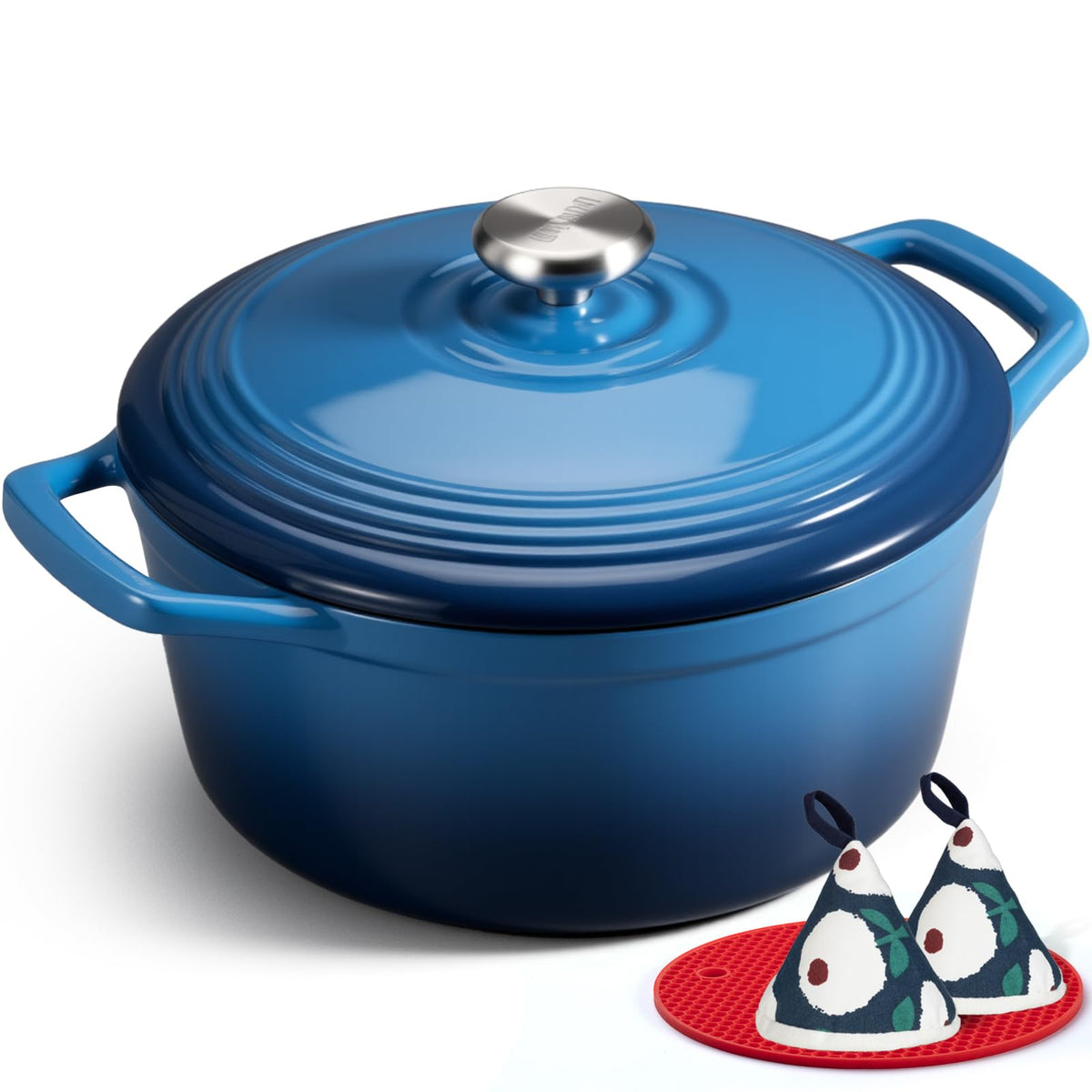 Overmont enamelled cast iron Dutch oven with 5-quart capacity for even braising and serving.