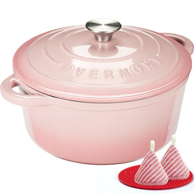 Overmont pink 7qt enameled cast iron dutch oven with lid delivers even heat for braises.