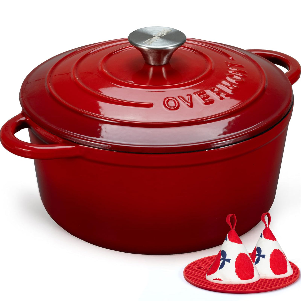 Overmont enameled cast-iron dutch oven 7qt delivers even heat distribution for braising.
