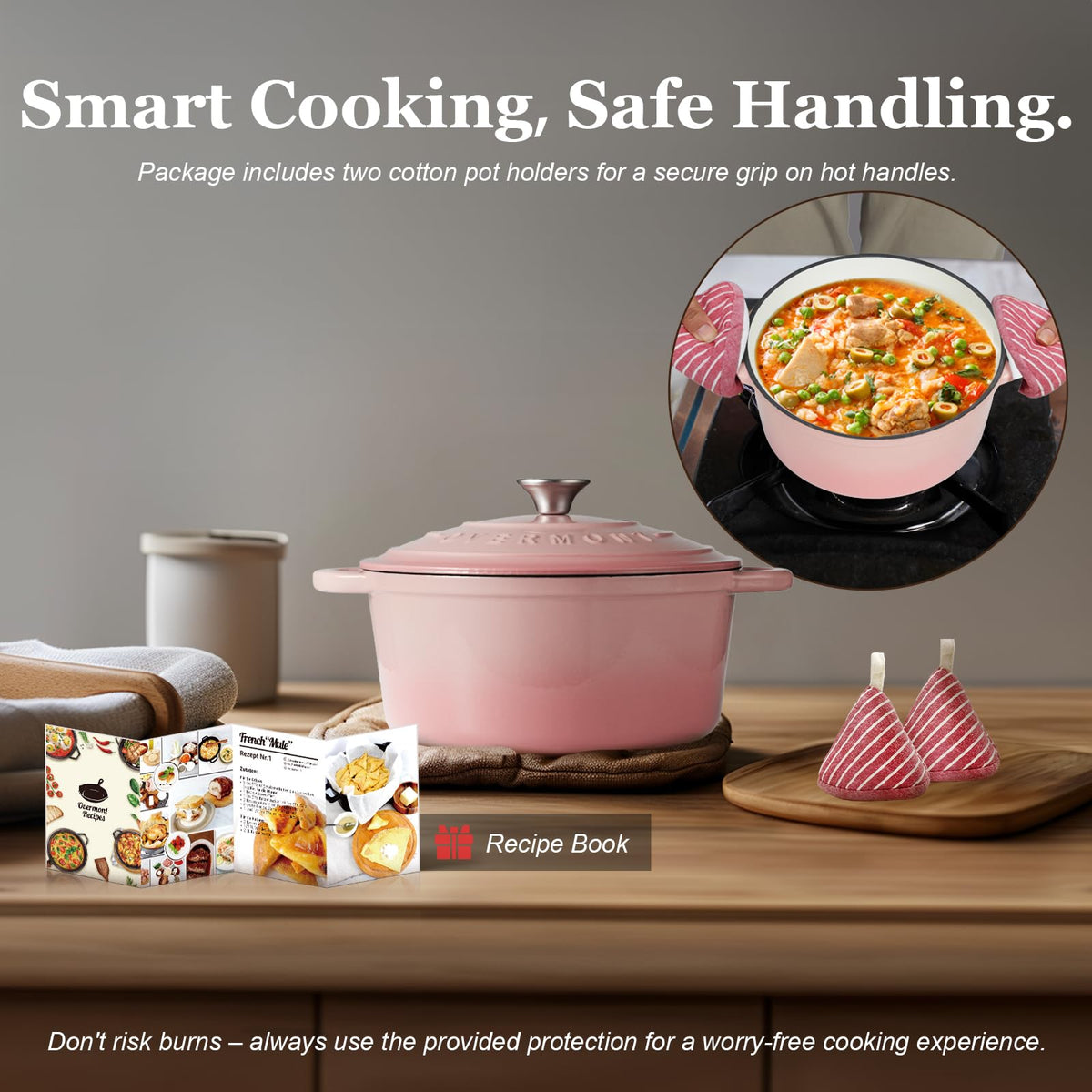Overmont enameled Dutch oven shows uniform heat distribution for rich stews.