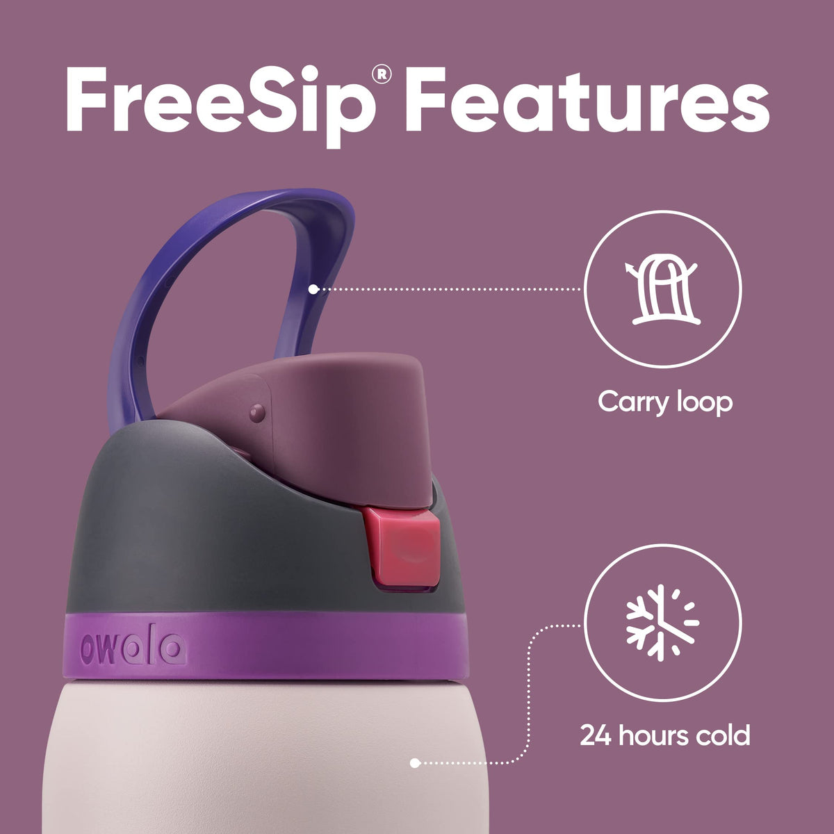 Owala FreeSip lid closeup showing locking push-button lid for secure transport