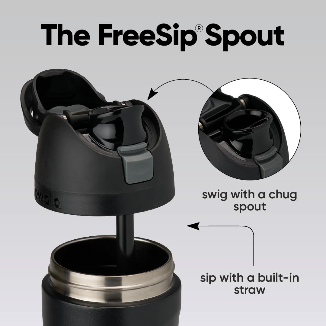 Owala FreeSip bottle side profile showing wide mouth and carry loop