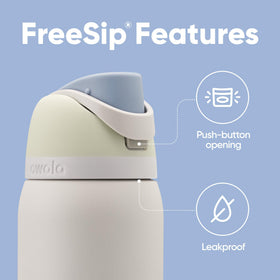 Owala FreeSip locked lid closeup emphasizes secure, spill-safe closure