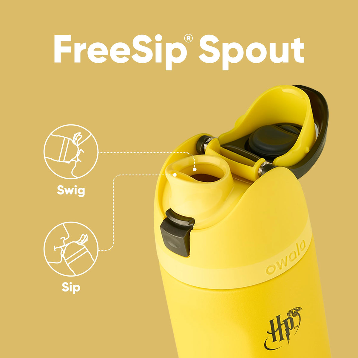 Owala FreeSip bottle in Hufflepuff colors with durable build for daily travel.
