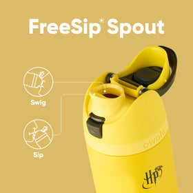 Owala FreeSip bottle in Hufflepuff colors with durable build for daily travel.