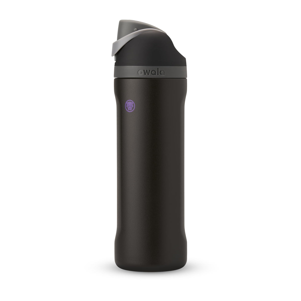 Owala Marvel FreeSip bottle front view in Black Panther color with double-wall insulation.