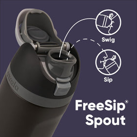 Owala Marvel FreeSip lid showing the locking push-button mechanism.