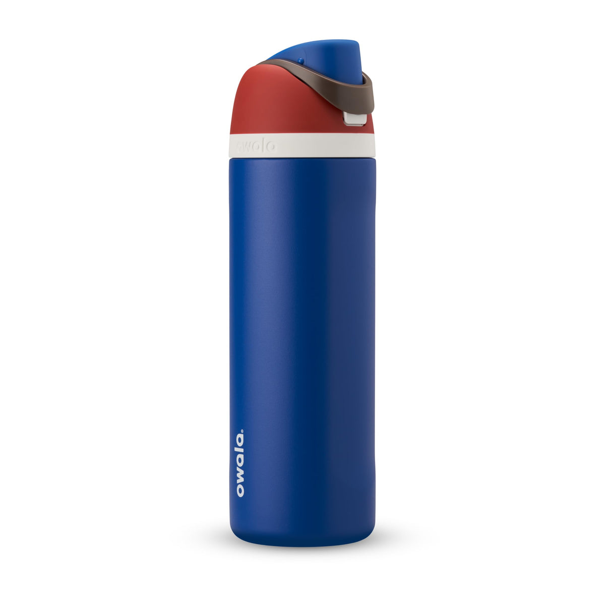 Owala Marvel FreeSip bottle with Captain America design, front view, ideal for refreshing on the go
